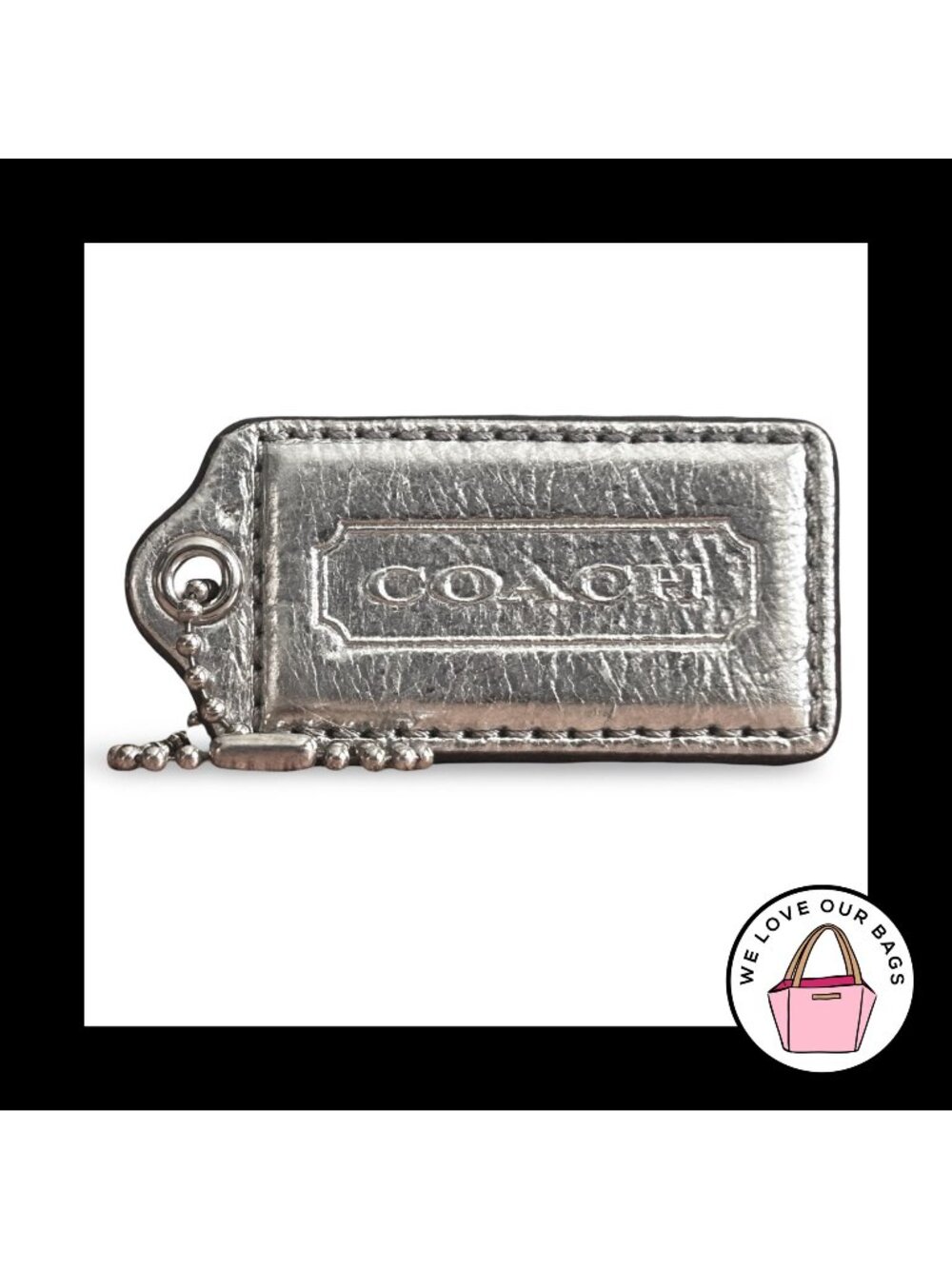 COACH POPPY HANG TAG 2.5" Silver Mirrored Metallic Leather Bag Charm Keychain